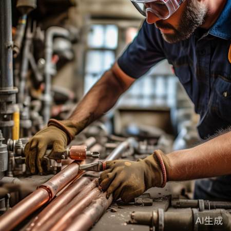 拆旧铜管，小心操作