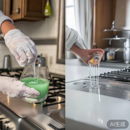 “白醋清洗油烟机，反复擦拭至净