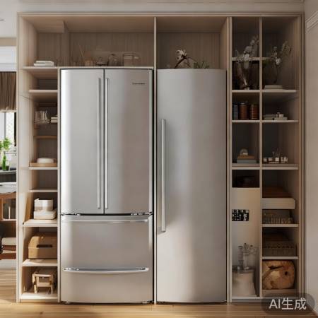 客厅巧用空间，冰箱旁储物柜。